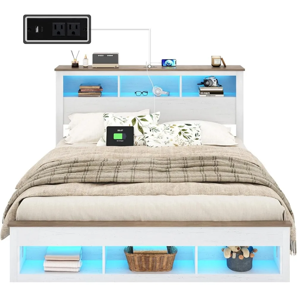 Bed Frame with Storage Bookcase Headboard and Footboard, Storage Wood Platform Bed Frame with Wood Slats Support, Noiseless LED 6