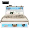 Bed Frame with Storage Bookcase Headboard and Footboard, Storage Wood Platform Bed Frame with Wood Slats Support, Noiseless LED 6