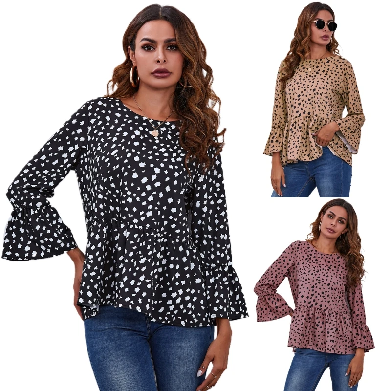 

Women Flare Long Sleeve Shirts Vintage Dots Printed Round Neck Casual Loose Blouse Pleated Flare Hem Tops N7YE