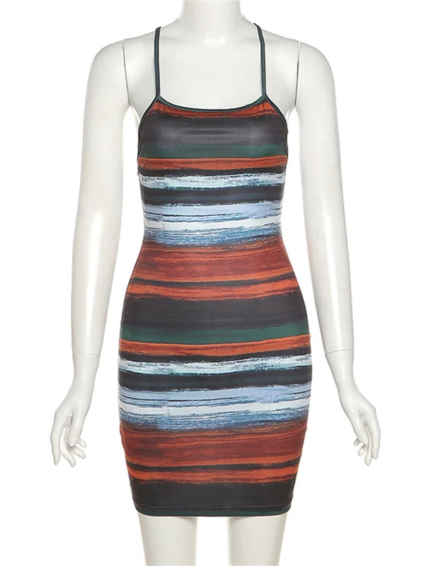 Kliou Panelled Striped Mini Dresses Aesthetic Women Sexy