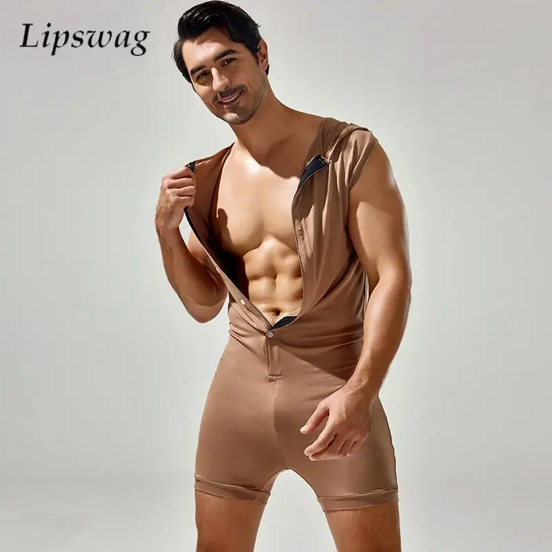 Mens Sexy Buttoned Hooded Jumpsuits Summer Breathable Casual Slim Fit Overalls Fashion Solid Color Sleeveless Bodysuits