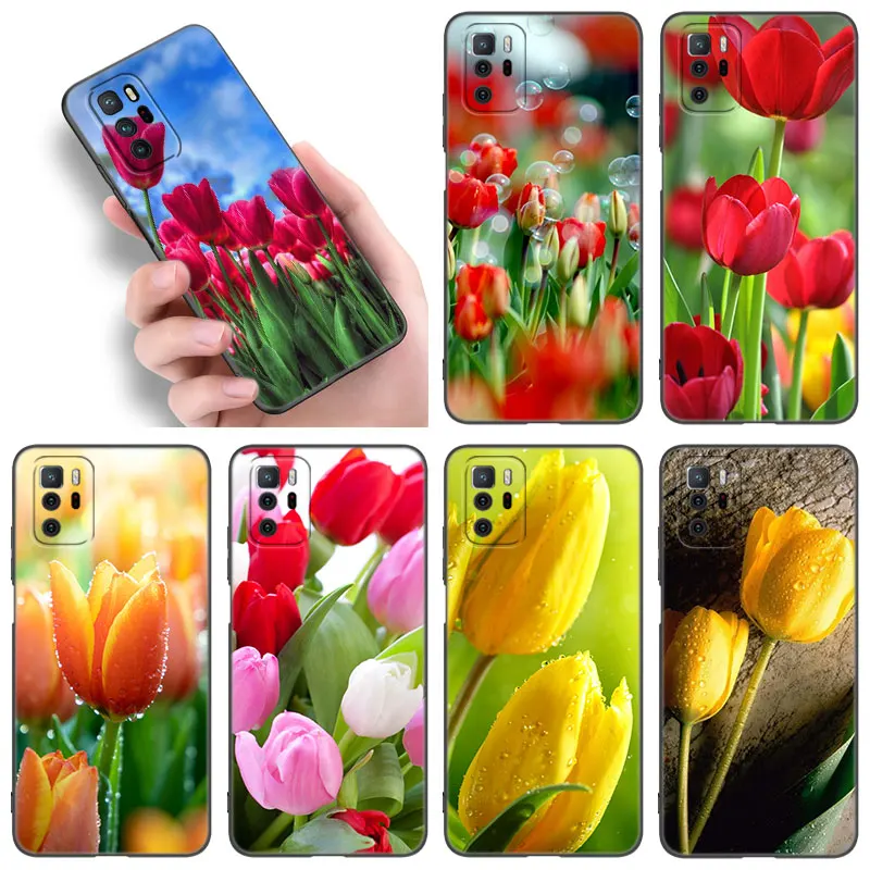Custodia Per Telefono Tulip Flower Per Xiaomi Redmi Note 7 8 9 10 Lite 11 11E 11T 12 Pro 11S 4G 10T 5G 8T 9S 10S Soft Tpu Black Cover