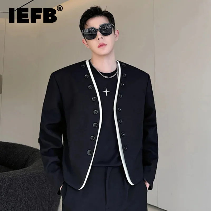 

IEFB 2024 Spring New Trendy Men Jacket Fashion Personalized Collarless Fake Two Piece Contrast Color Design Korean Top 9C5119