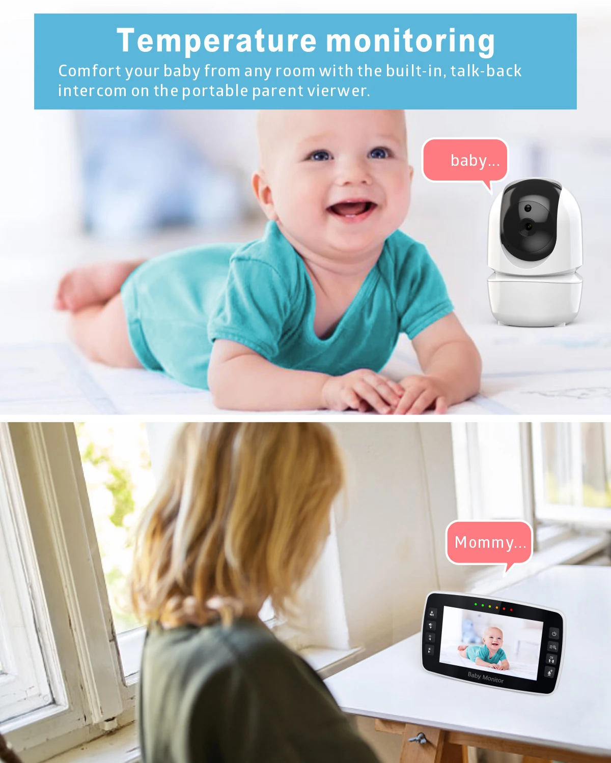 4.3Inch Baby Monitor with Two camera Wireless PTZ Camera High Security Children Camera Night Vision Temperature Monitoring Baby