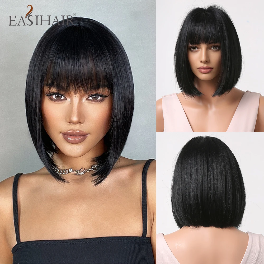 easihair preto reta bob peruca sintética com franja curta loira destaque peruca natural para as mulheres cosplay peruca resistente ao calor