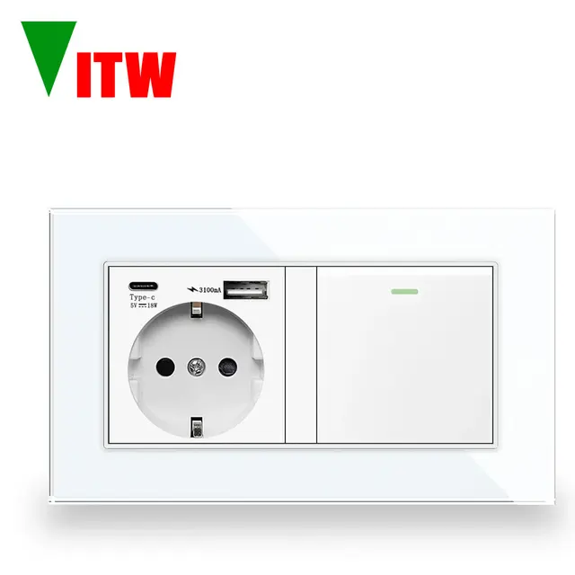 เต้ารับไฟฟ้าแบบเยอรมันพร้อมพอร์ต USB, ช่องเสียบชาร์จเร็วแบบ A+C, เต้ารับไฟฟ้ามาตรฐานยุโรป 16A, สวิตช์ 1 ช่อง 2 ทาง 1