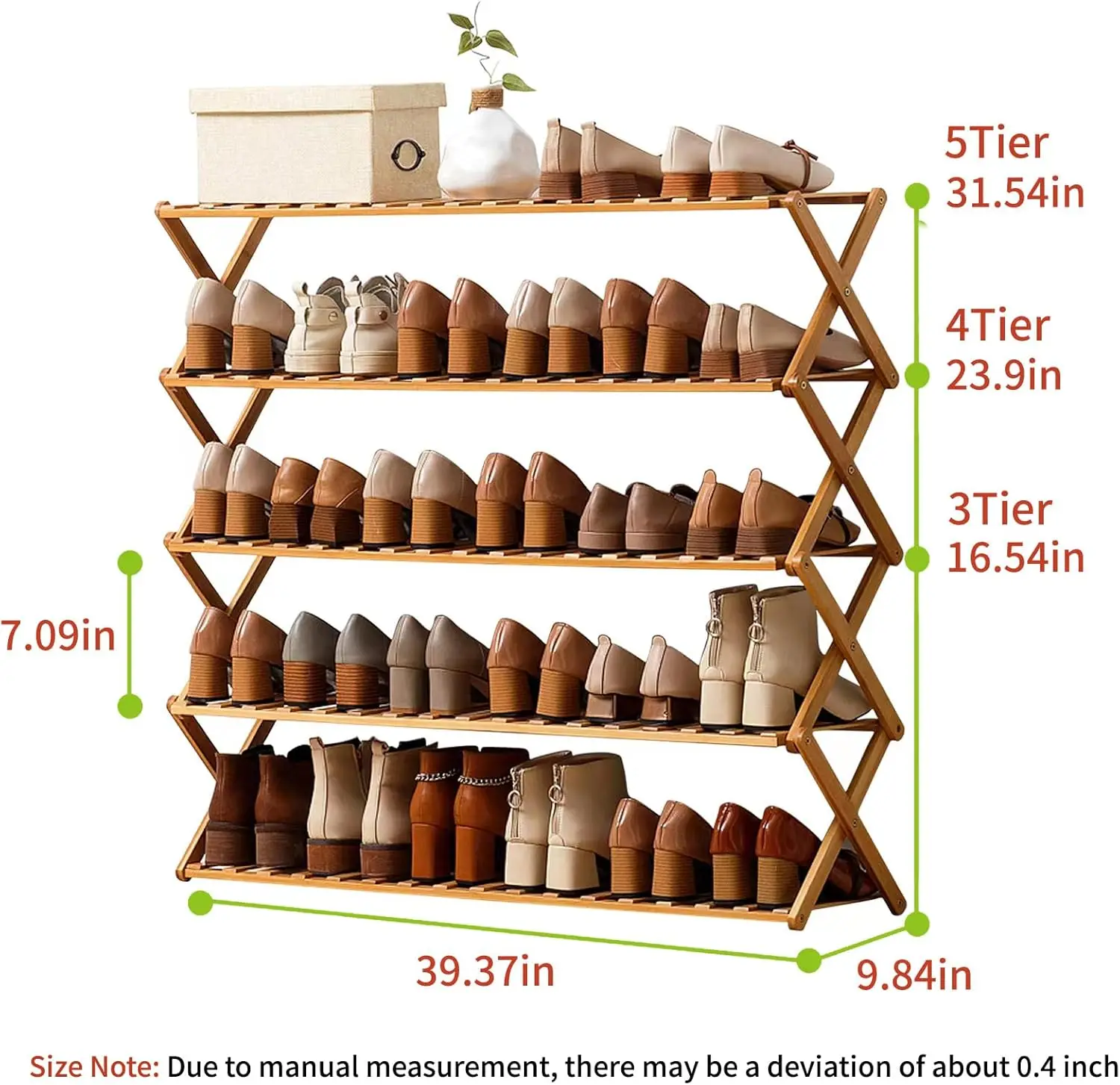 Folding Bamboo Shoe Rack - No Installation Required, Ventilated Design,(5 Tier) 2