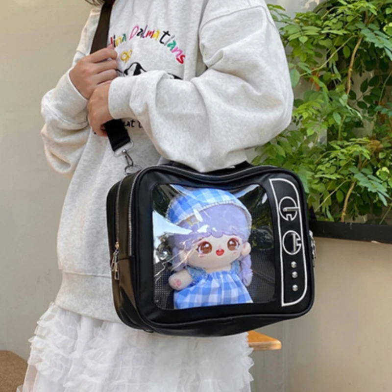 Y2K Japanese Kawaii TV Design Ita Bag Cute PU Shoulder Bag Transparent Pocket Harajuku Crossbody Bag for Women Fashion Backpacks