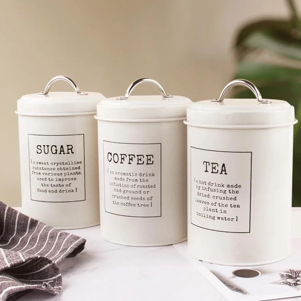 

Lid 3 Metal Pot Jars Set Decor Kitchen Container Storage Bin Canister Coffee Of Tea Farmhouse Sugar Sets