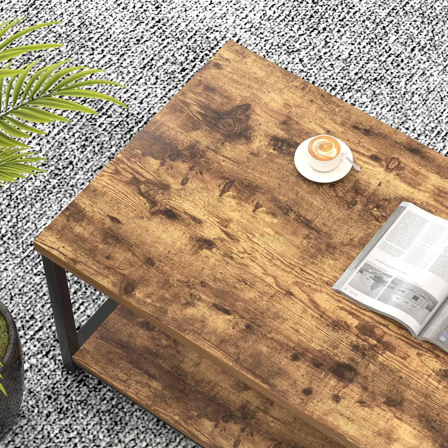 Rustic Wood & Metal Coffee Table with Storage Shelf 4