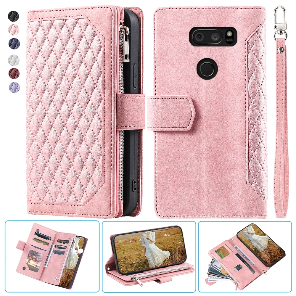 For LG V30S+ ThinQ Fashion Small Fragrance Zipper Wallet Leather Case Flip Cover Multi Card Slots Cover Folio with Wrist Strap image_0