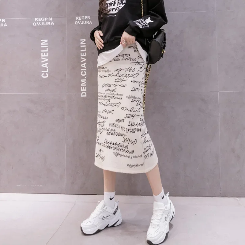 Maternity Knitted High Waist Midi Skirt Belly Support Autumn Winter Half-length Wrap-around Knee-length One-step Skirt