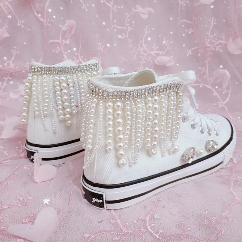 Women New Heavy Duty Beads High Canvas  Fashion Pearl Diamond Casual shoes Size 35-44 Party Wedding Lady Shoes