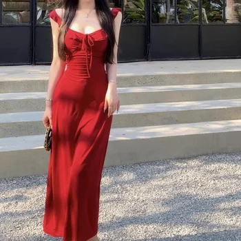 Summer Women Party Backless Bandage Dresses Lady Daily Holiday Leisure Satin Dress Female Gentle Aesthetic Long Bridal Dress 1