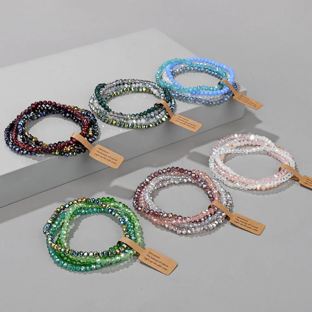 Faceted Glass Beads Stretch Bracelet 4 Pieces Set for Women Men Crystal Beads Elastic Rope Bracelet Handmade Jewelry