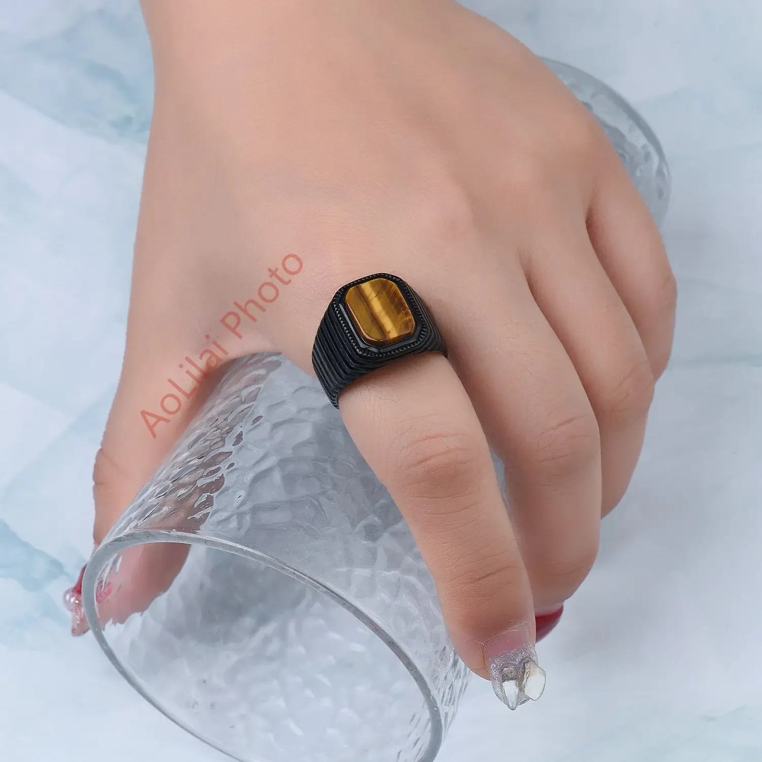 Men's/Women High Quality 316LStainless Steel Onyx Gem Style Rings Classic Fashion Trend Jewelry 4
