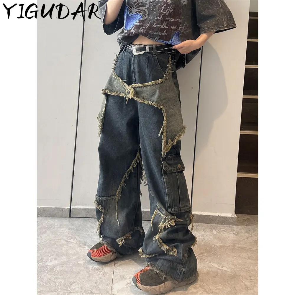 

Y2K Jeans Star Men Patchwork Vintage Harajuku Straight Denim Pants Baggy Loose New Women Hip Hop Streetwear