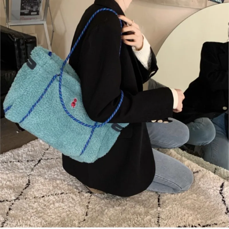 Cute Color Block Faux Shearling Tote Bag Women Plush Large Capacity Panel Shoulder Bags Ladies Cartoon Embroidered Underarm Bag