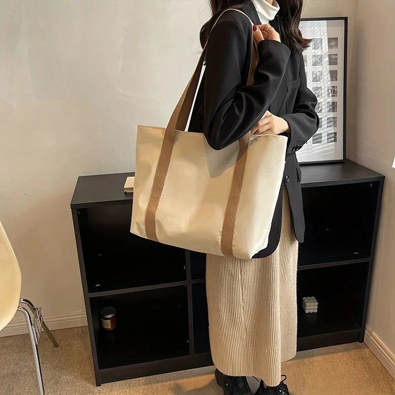 

Large Capacity Shoulder Bag, Corduroy Beige Tote Zipper Stylish Portable Double Handle Handbag