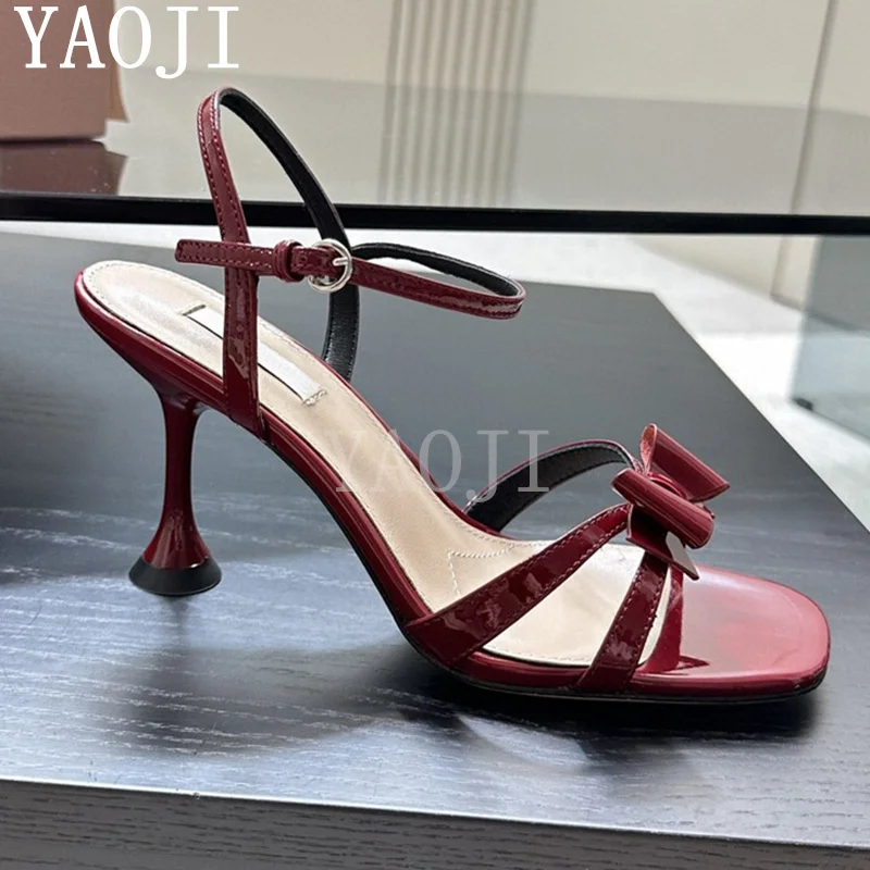 

Summer Sexy High Heels Sandals Women Patent Leather Butterfly-knot Ankle Strap Sandals Wine Red Beige Pumps Banquet Single Shoes