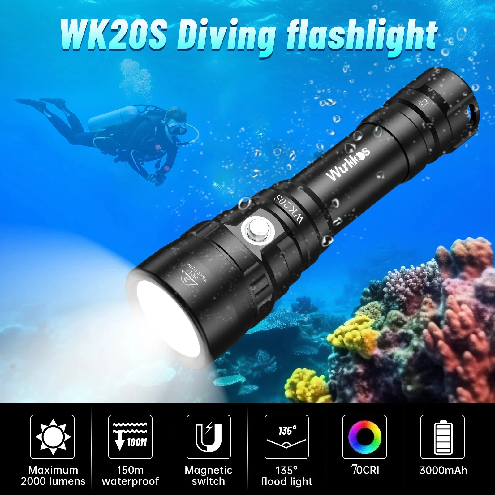 Wurkkos WK20S 強力なダイビング懐中電灯 IPX8 防水スキューバ