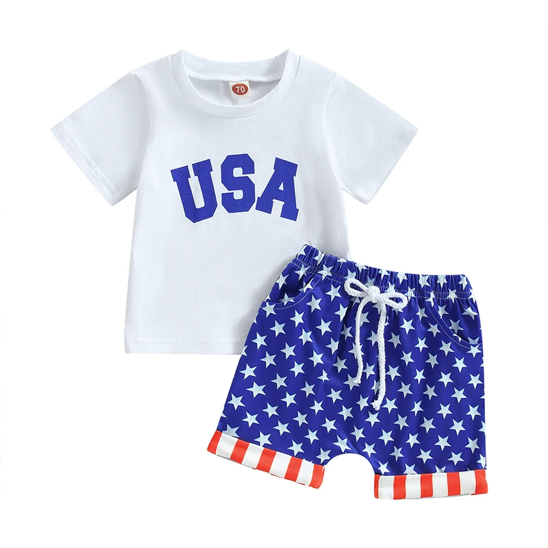 Kid Boy Pants Suit Casual Party Round Neck Short Sleeve Letters Tops Drawstring Star Striped Pants
