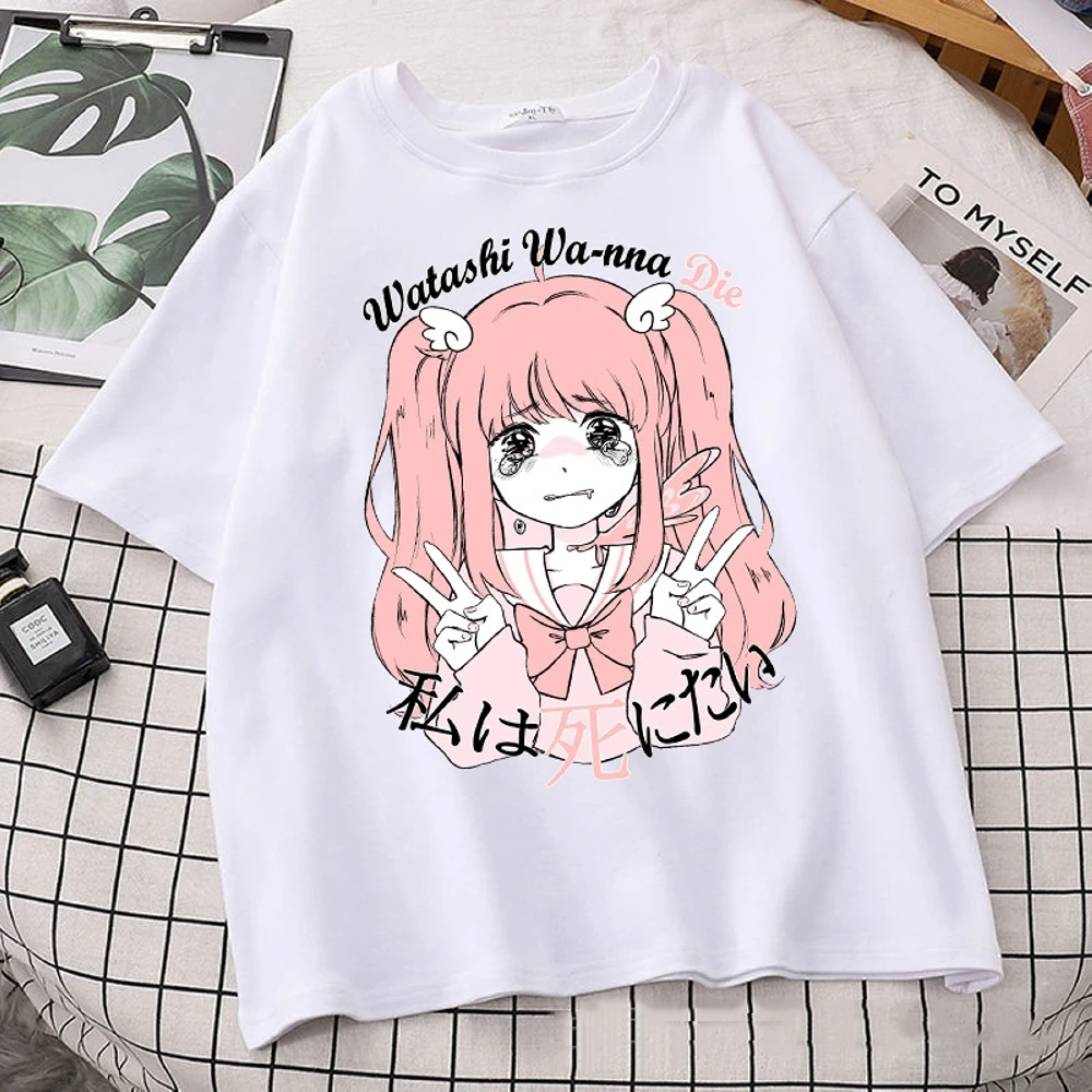 

Streetwear Blouse Cute Anime Tops Kawaii Sweet Girls T-shirt Y2k Harajuku Clothes Summer Women's Black White Short Sleeve Tees