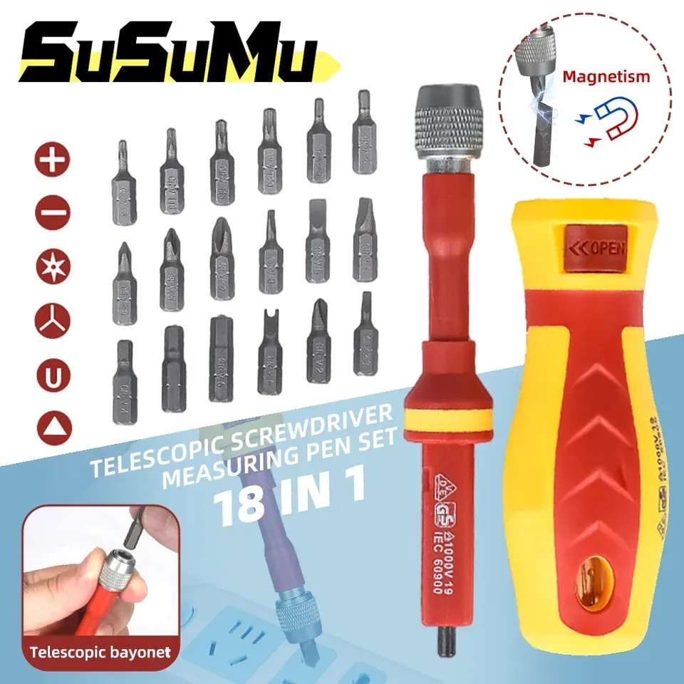 18 in 1 Insulated Screwdriver Set Electrician Repair Tester Tools Kit Multi-Purpose Screwdriver Bits Changeable Head Screwdriver