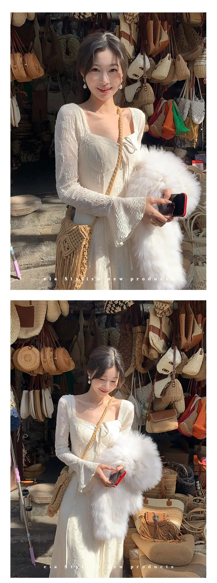 Women's Solid Midi Dress Flare Sleeves Square Collar A-Line Lace Up Autumn Spring French Elegant Vintage Prom Robe Vestidos New