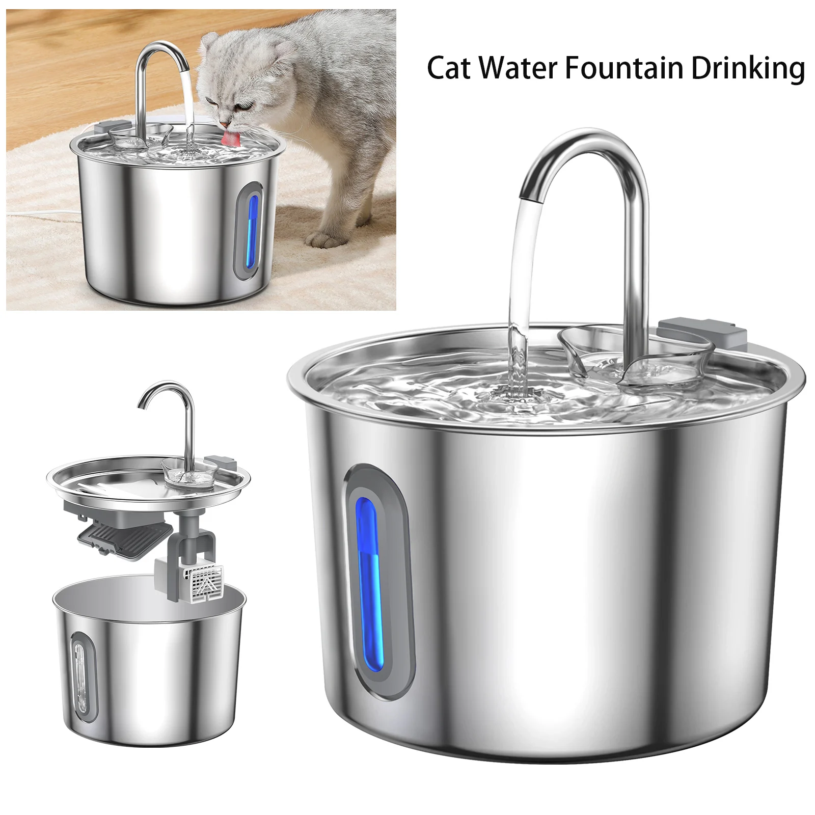 Fuente de agua para gatos de acero inoxidable, apta para lavavajillas, 2,2 L con bomba silenciosa
