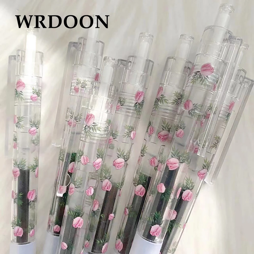 4pcs Cute Flower Retractable Gel Pen Transparent Black Ink Press Writing Pen Simple School Students Stationery Office Gifts