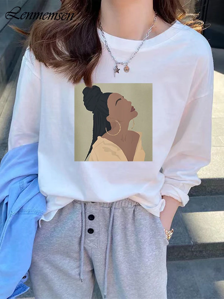 

Lenmemsen Casual Loose Cotton T Shirt Women Spring Soft O-neck Long Sleeve Printed Tees Female Korean Chic Abstract Figures Tops