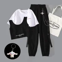 2024 Summer Women's Two Pieces Set Casual Korean Lady Loose Short White T-Shirt and Black Cargo Pants Outfits Tops Pants Suit - Image 5