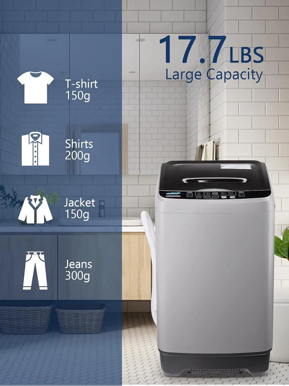 KRIB BLING Full Automatic Washing Machine with LED Display 17.7 lbs Portable Washer Drain Pump 10 Programs & 8 Water Levels 3