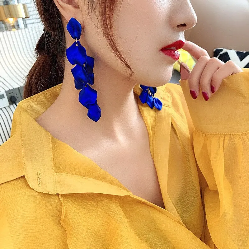 Bohemian Rose Petal Earrings Flower Red Yellow Blue Colors Flower Drop Earrings Long Tassel Party Wedding Jewelry