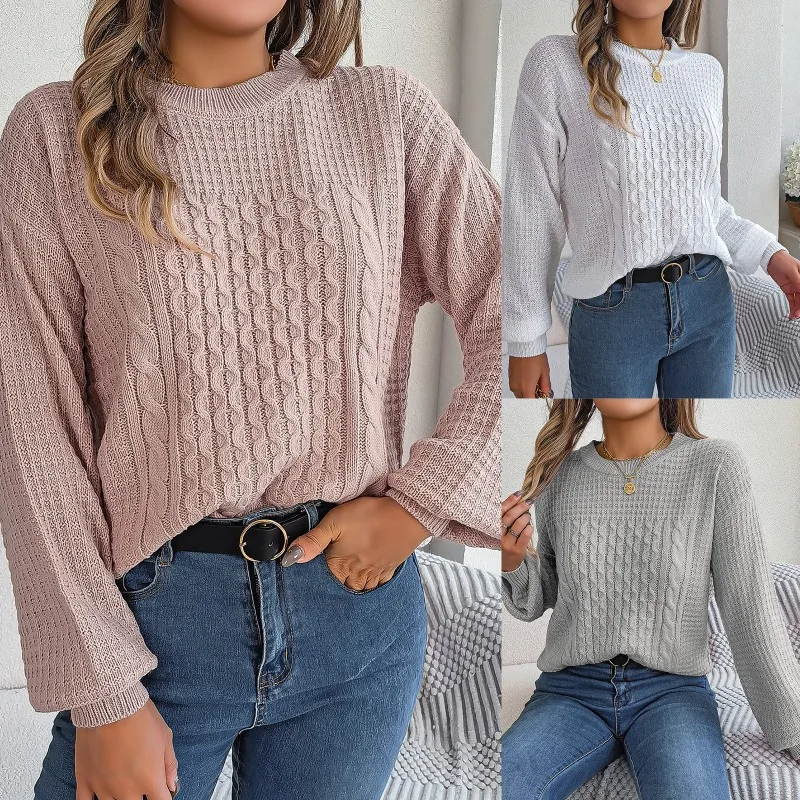 

Spring and Autumn Women's Loose Round Neck Pullover Solid Screw Thread Sweater Fashion Shirring Elegant Casual Formal Tops
