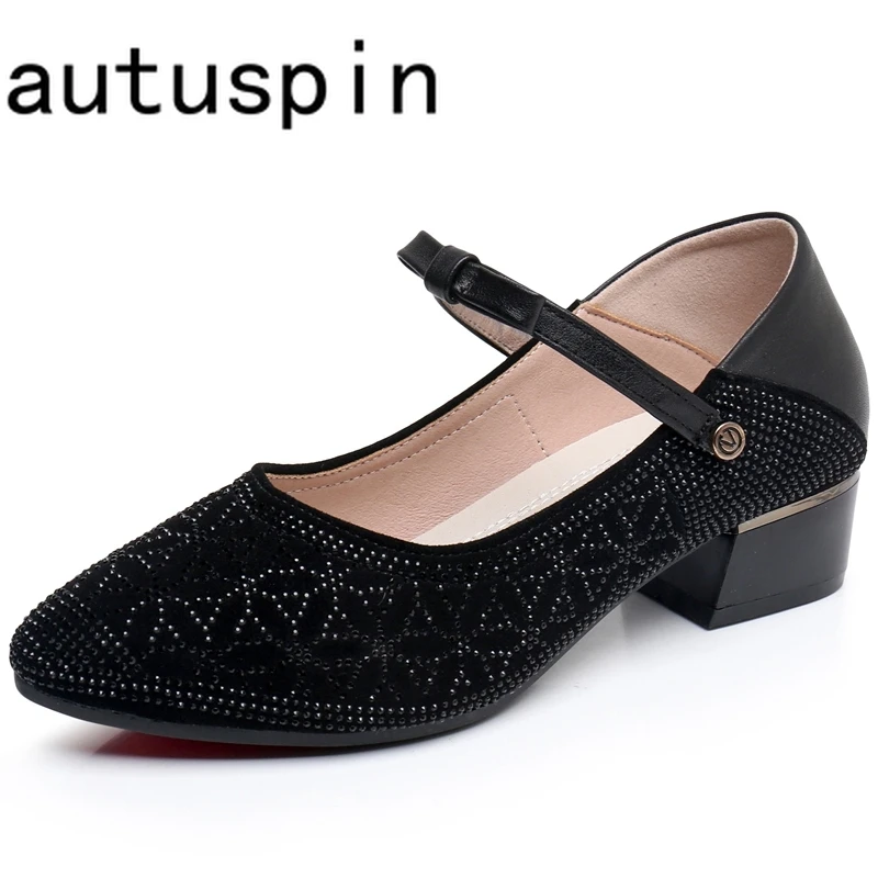 

AUTUSPIN 4.5cm Women Crystal Pumps Fashion Mature Ladies Suede Genuine Leather Shoes Office Working Dress Bling High Heels Woman