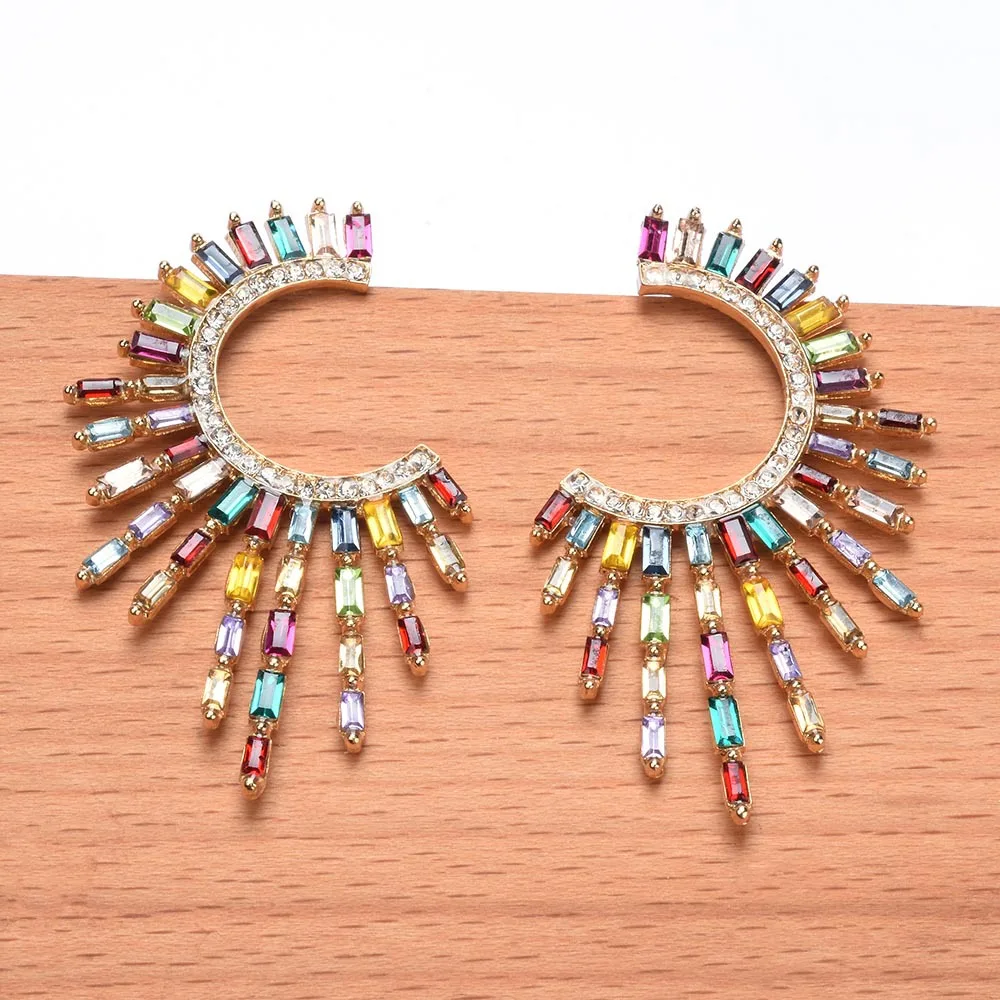 

Gorgeous Jewelry Wholesale Celestial Sunburst Half Circle C Shaped Chunky Crystal Rhinestone Statement Earrings for Women