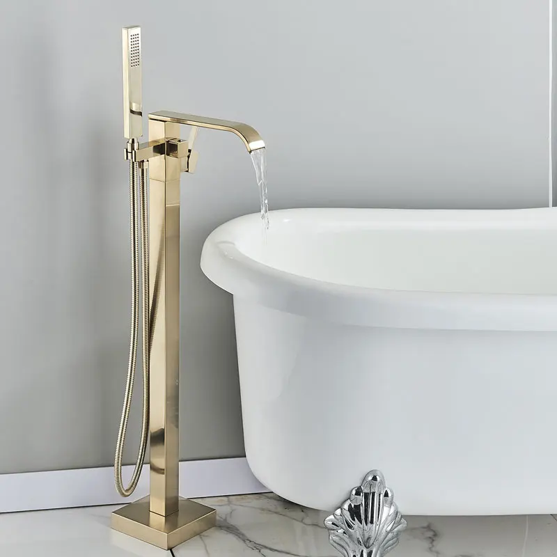 Description Picture 6 of itemHownifety Brushed Gold Bathroom Floor Standing Faucet Hot Cold Mixer Bathtub Shower Systems ABS Plastic Rainfall Handheld