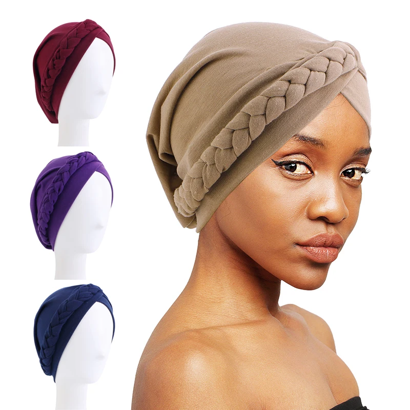 

Fashion Women Muslim Braid Head Turban Wrap Elastic Headscarf Cover Cancer Chemo Islamic Arab Cap Hat Hair Loss Bonnet Beanies