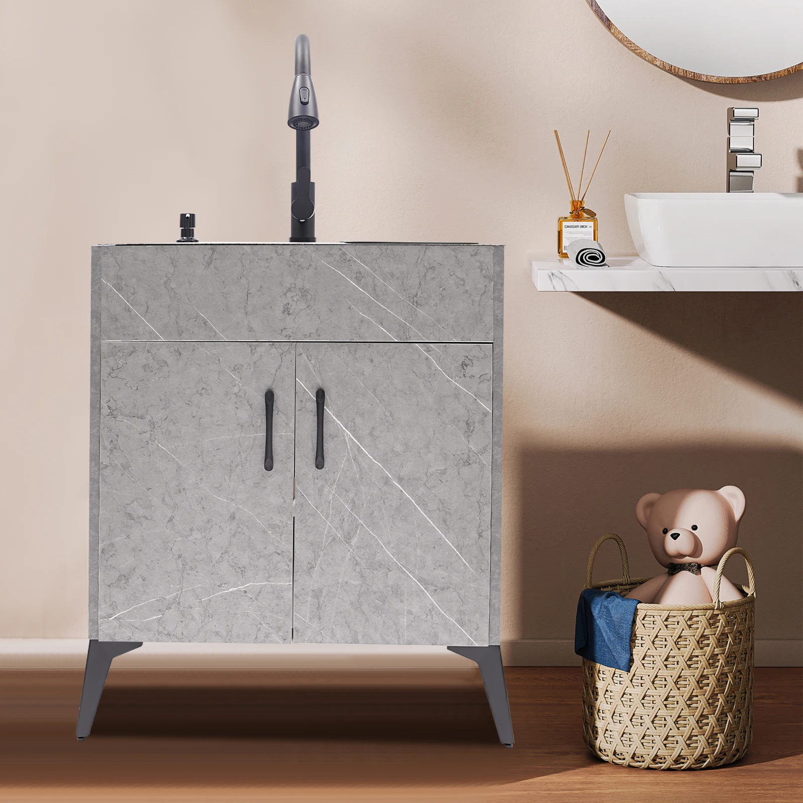 Description Picture 3 of itemGrey Stainless steel and alloy Kitchen and Laundry Sink with Cabinet and Faucet, Cabinet with Sink for Laundry & Utility Room