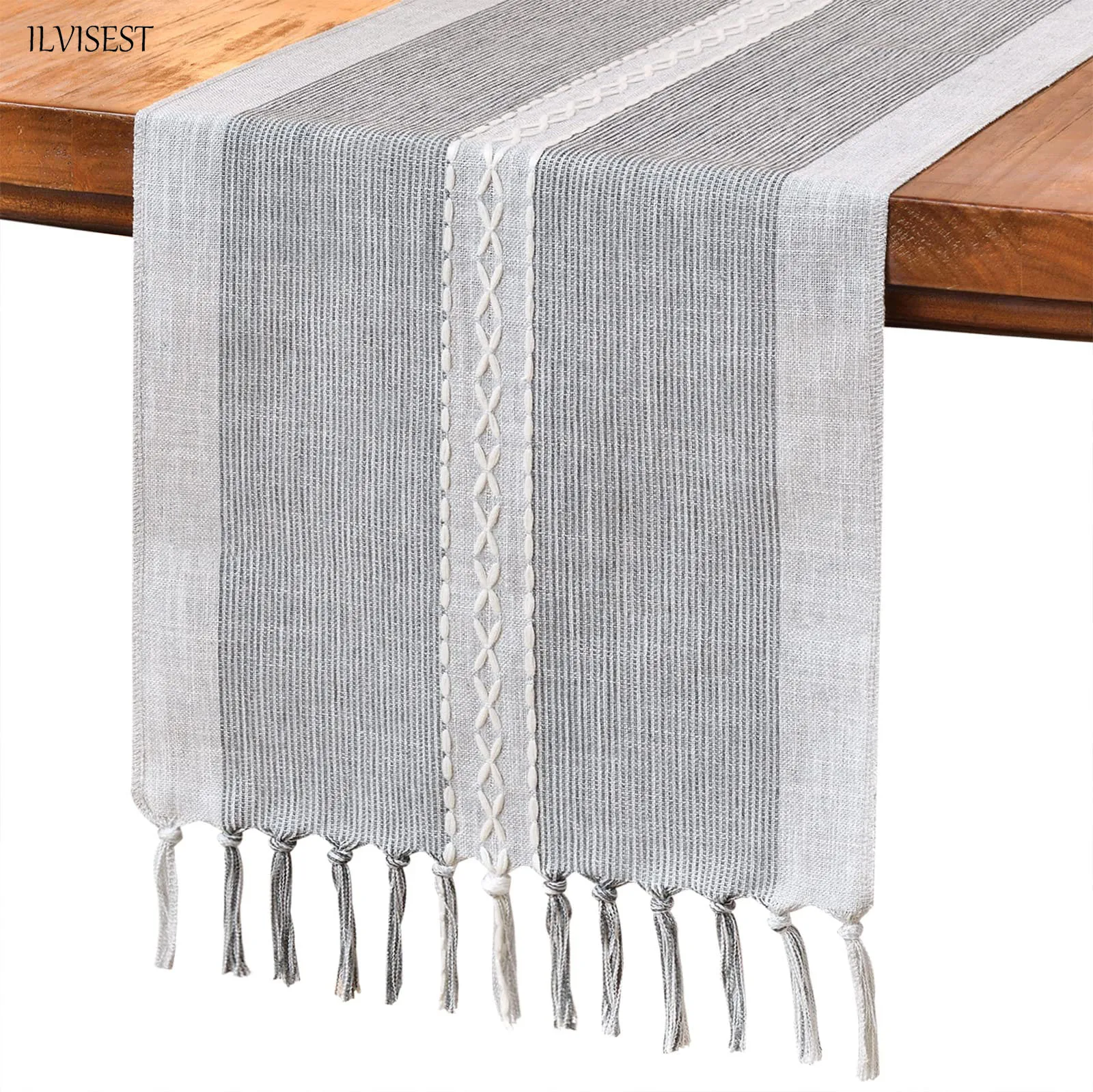 Embroidered Table Runner with Hand-Tassels, Linen Table Runners, Holiday Party, Wedding and Dining Decorations