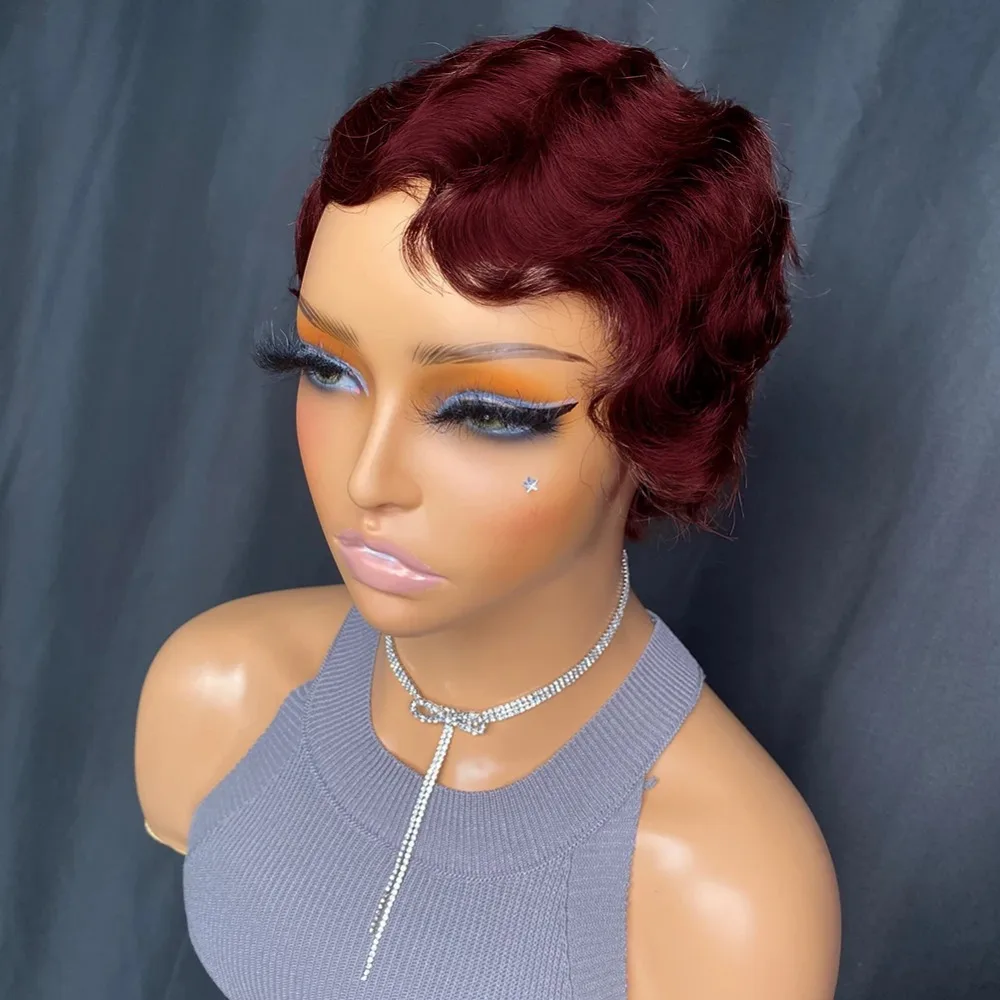 Deep Wave Finger Wave Wig Full Machine Made Human Hair Short Pixie Cut Wigs For Women