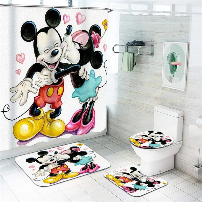 Mickey Shower Curtain 4 Piece Set Anime Cartoon Pattern Art Decoration Bathroom Accessories Set Full Mat Luxury