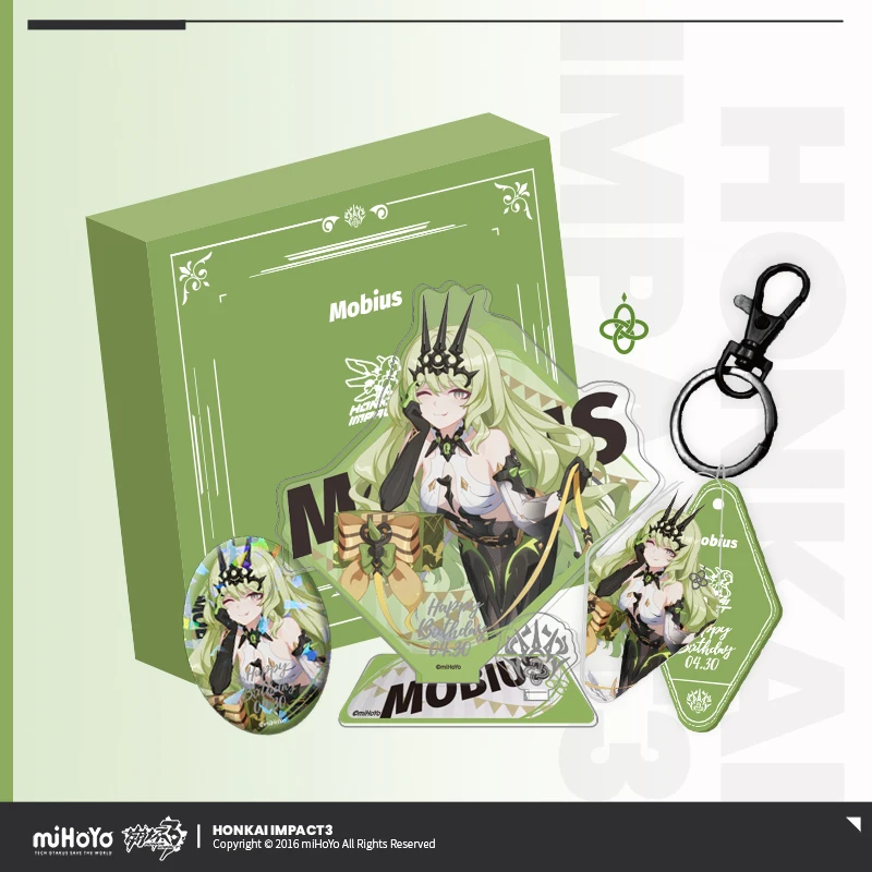 

Anime Game Honkai Impact 3 Mobius Cosplay Birthday Gift Box Stand Model Accessories Set Acrylic Pendant Keychain Metal Badge