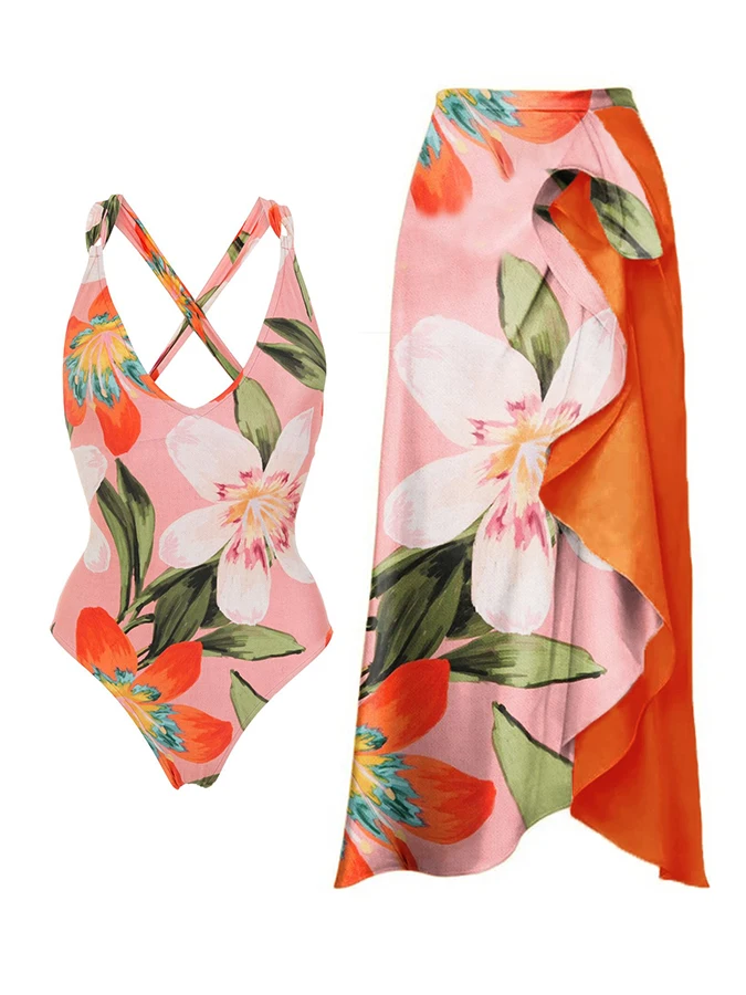 

2023 Fashion Floral Print One Piece Swimsuit Cover Up Set Women's Sexy Push Up Bikini Luxury Swimwear Bathing Suit Beachwear
