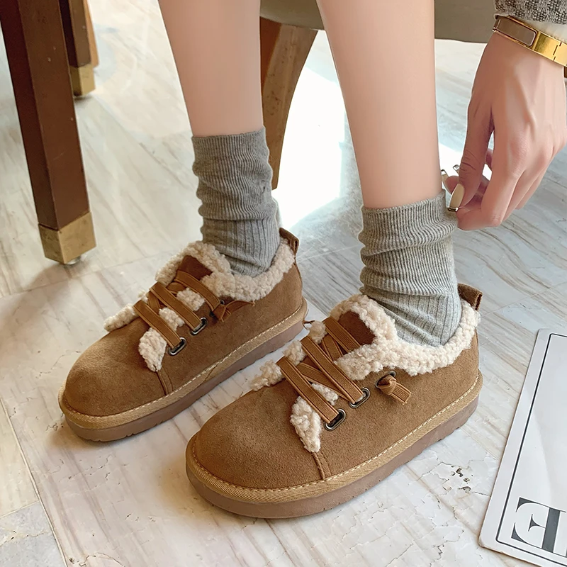 

Winter Casual Flat Shoes Women's Snow Boots Non-slip Plus Velvet Warm Cotton Shoes Flat Lace Female Boots Size 35-40
