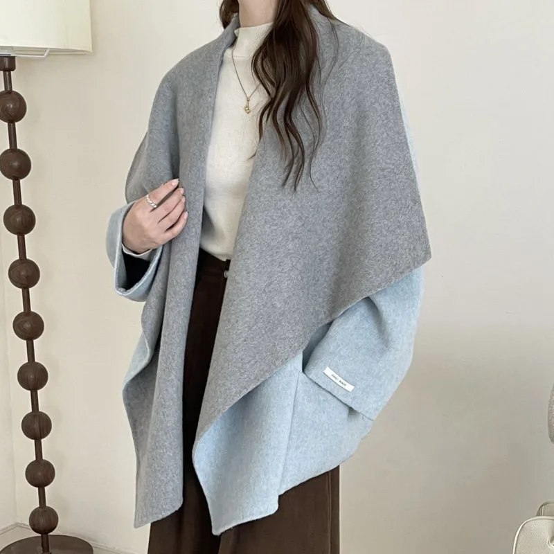 LANMREM Two-tone Shawl Collar Buttonless Drop Shoulder Mid-length Bathrobe Style Reversible Women's Double-faced Woolen Coat New - Image 2