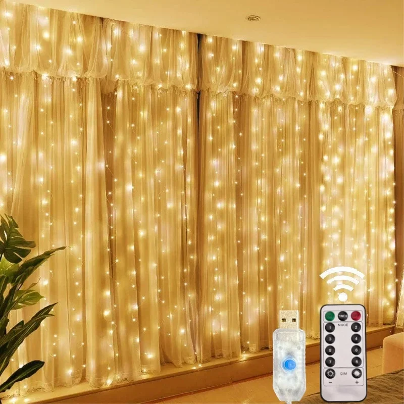 Christmas Lights LED Fairy String Curtain Lights 8 Mode Remote USB Festoon Christmas Decor For Home Holiday New Year Lamp
