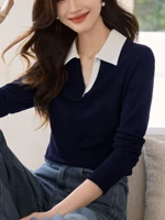 Women's solid color long-sleeved POLO shirt neckline contrast design, spring and autumn fashion casual daily knitted tops. - Image 3